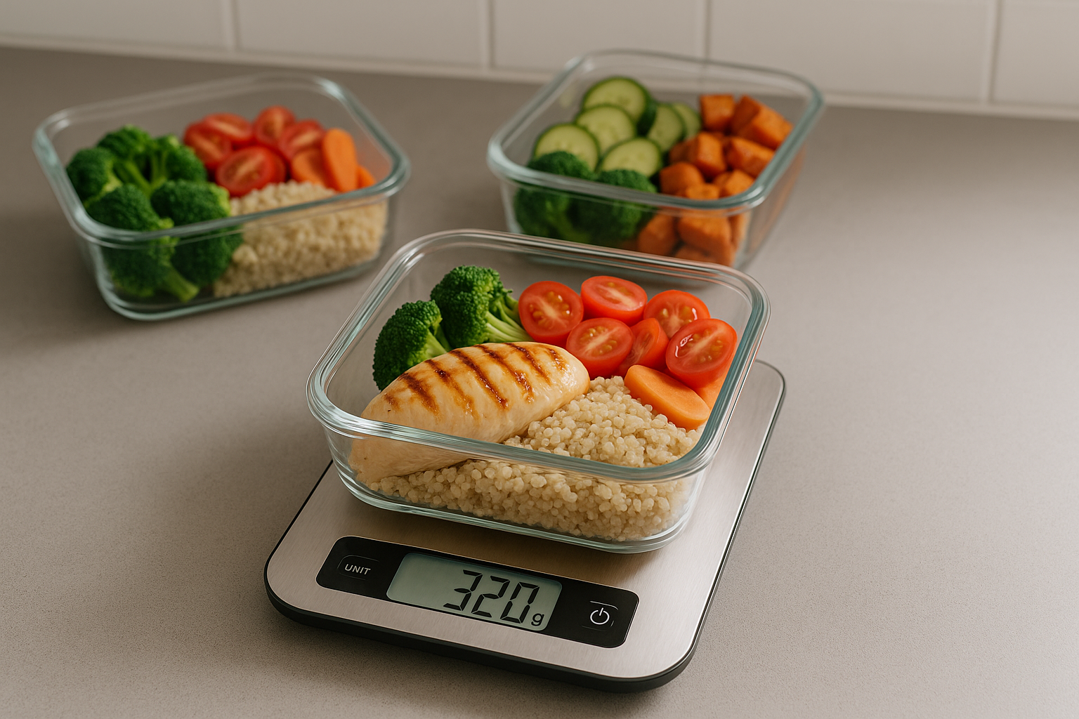 A kitchen scale measure meal prep food